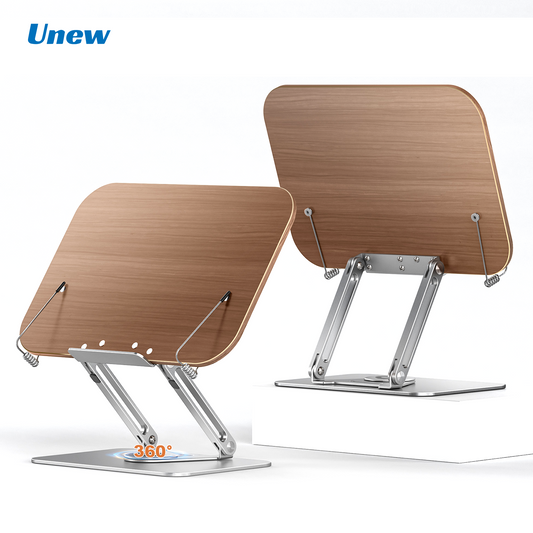 Unew 360° Rotating Adjustable Reading Stand - Foldable Desktop Teaching Bookshelf with Elastic Page Clip for Tablet Laptop