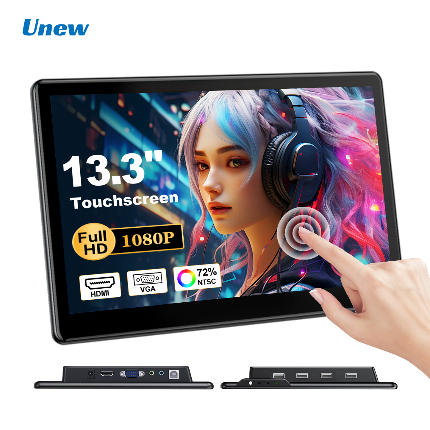 Unew 13.3 inch Touch Screen Monitor FHD 1920x1080 Suitable for Phone Laptop Inside Speaker Compatible with HDMI VGA USB Type-C