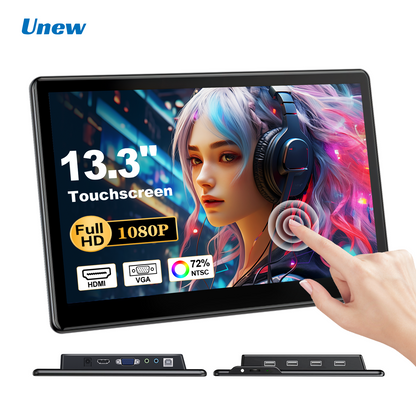 Unew 13.3 inch Touch Screen Monitor FHD 1920x1080 Suitable for Phone Laptop Inside Speaker Compatible with HDMI VGA USB Type-C
