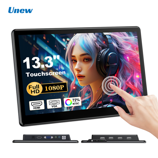 Unew 13.3 inch Touch Screen Monitor FHD 1920x1080 Suitable for Phone Laptop Inside Speaker Compatible with HDMI VGA USB Type-C