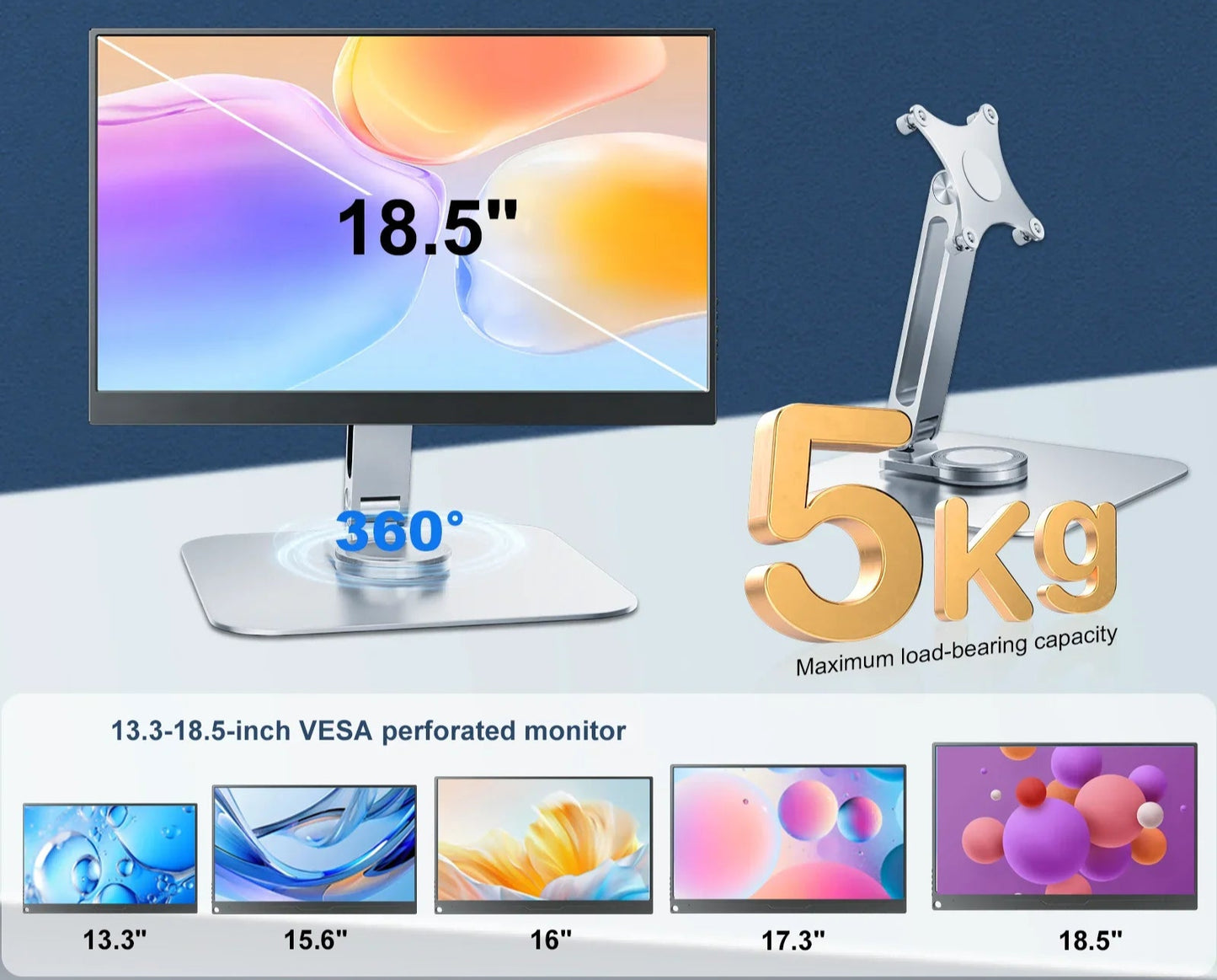 Unew 360 °  Aluminum Alloy Stand for Portable Monitor Desktop M4 Screw VESA 75x75mm With 5KG Load Capacity Ultra Stable Suit for 10~21.5 inch Monitor